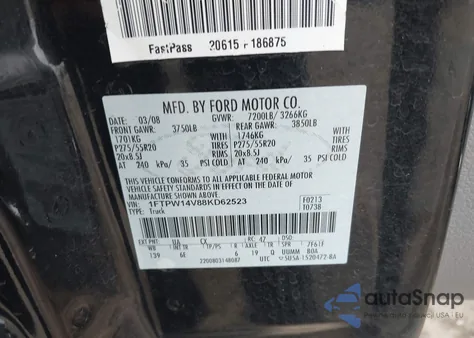 2008 Ford F150 Supercrew z USA, uszkodzony, nr VIN 1FTPW14V88KD62523